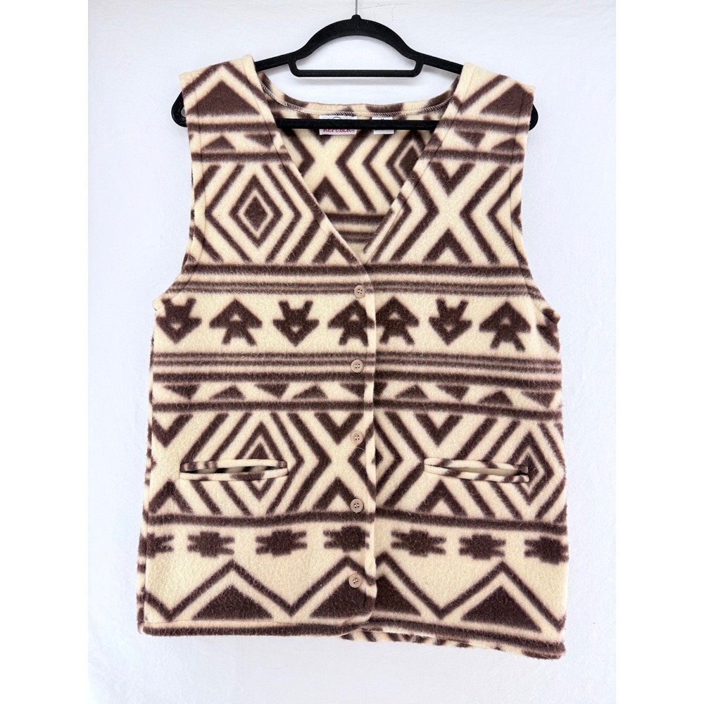 Vintage Republic Brown Cream Tribal Geometric Fleece Button Front Vest Mens Med